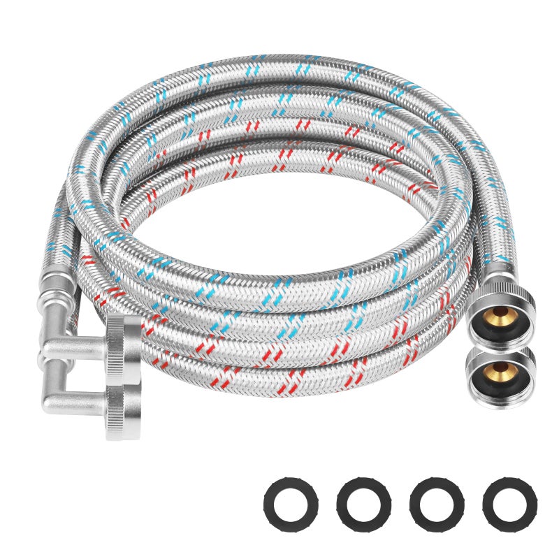 KEOKLE Premium Stainless Steel Washing Machine Hoses With 90 Degree Elbow Universal Fit to All Hot and Cold Water Supply for Washing Machines (2 Pack) -5 Years Quality Assurance (4 FT ELBOW) - Image 1
